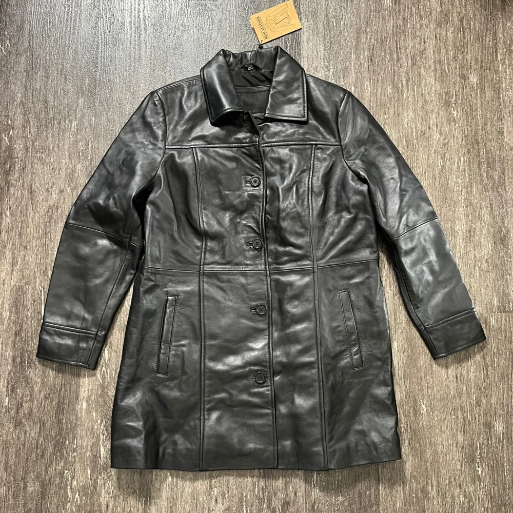 Kandis Woman Coat Black Real Leather Jacket Button Front Lined XL